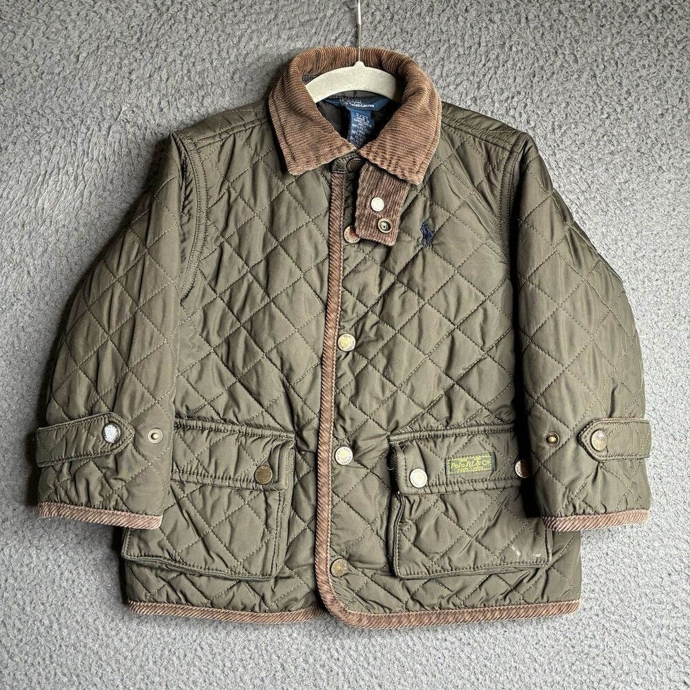 Polo Ralph Lauren Boys 2T Green Quilted Jacket Brown Corduroy Collar Pocket
